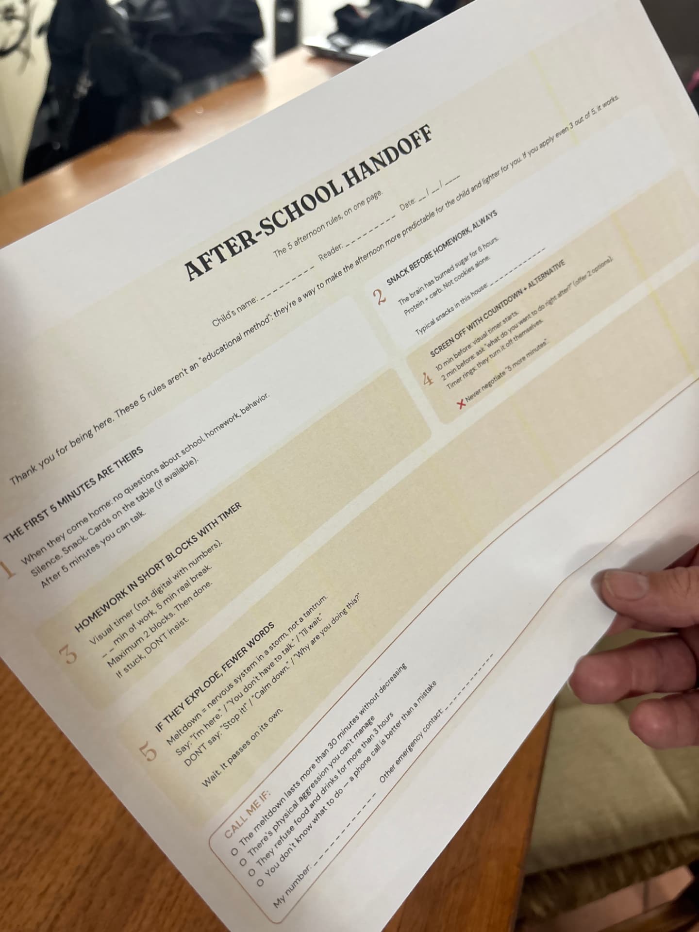 The one-page handoff for grandparents, partners and babysitters.