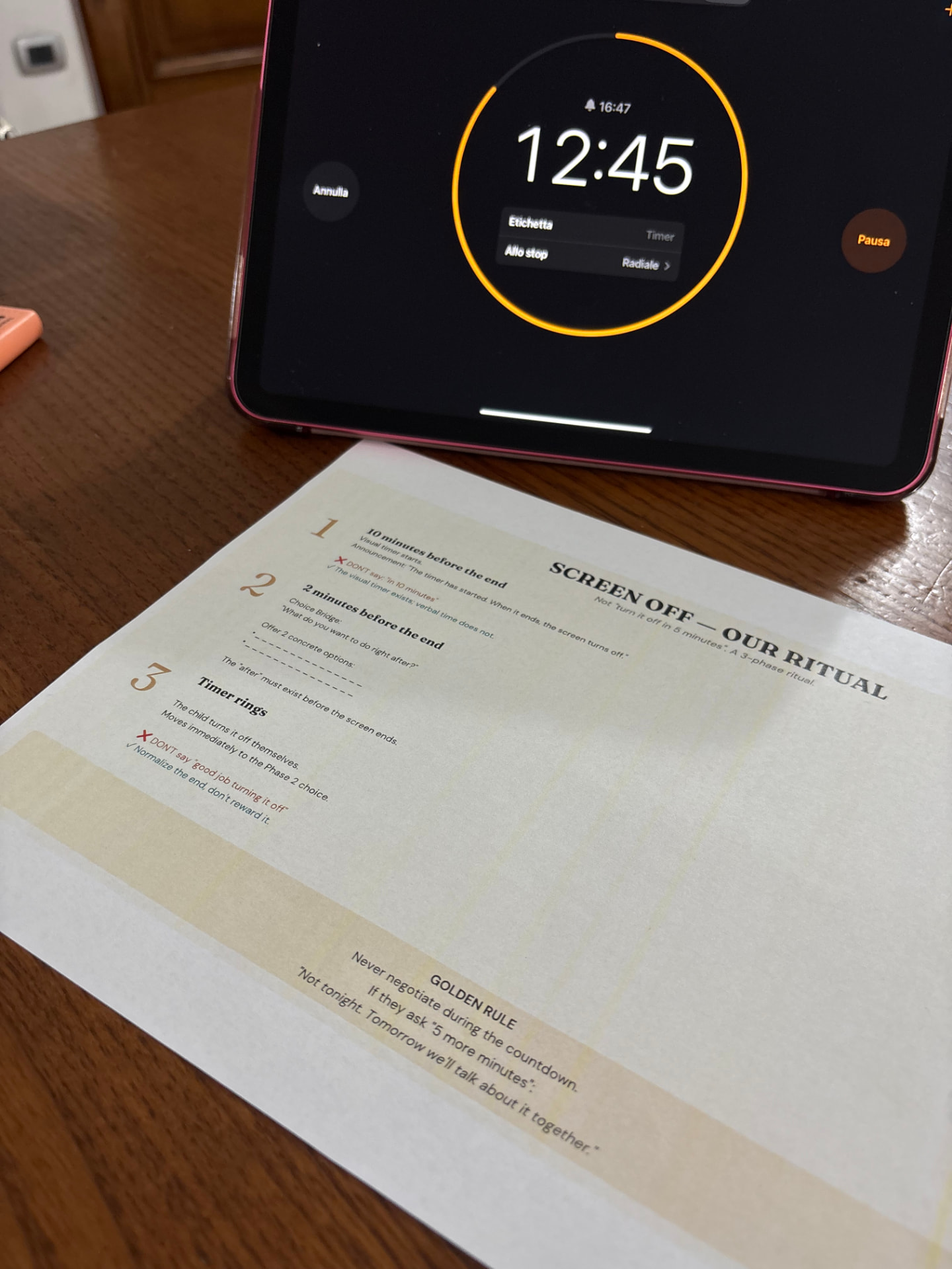 The screen-off ritual, next to the tablet timer.